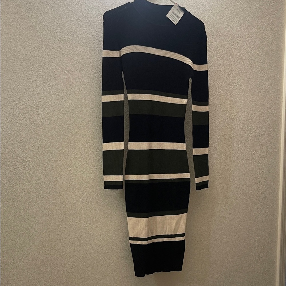 Black and White Olive Green Striped Knit Dress